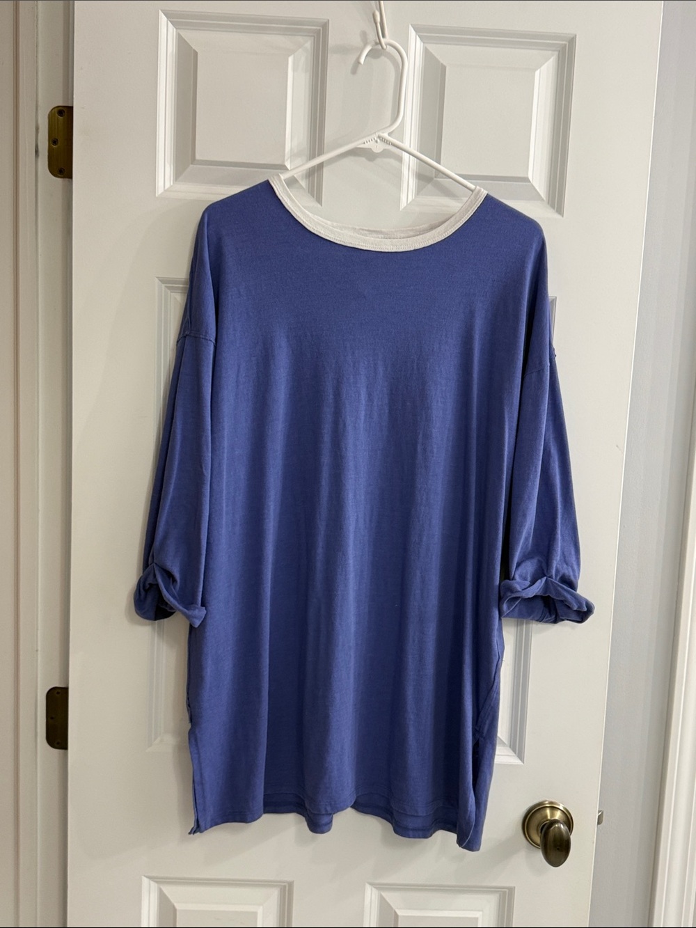 Free People/ We the Free Indigo Blue Short Sleeve Crewneck Top with White Trim